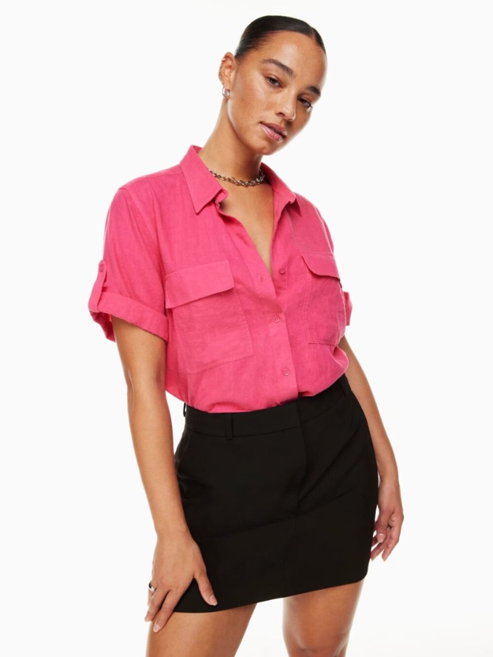 Aritzia BABATON Utility Pink Linen Short Sleeve Button Up Shirt Blouse, Size XS - Picture 12 of 16
